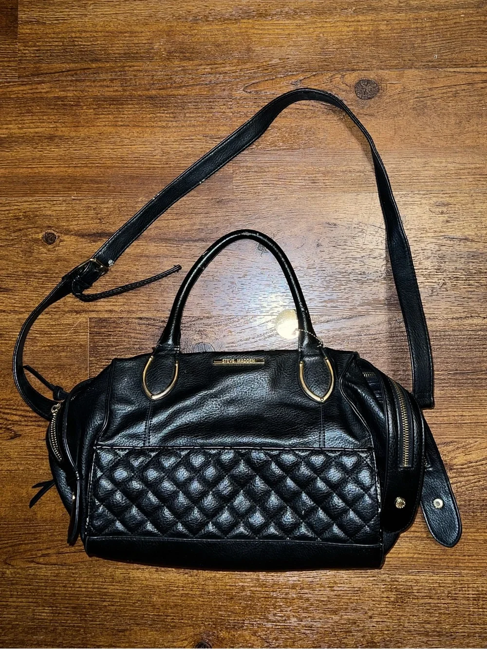 Steve Madden Black Quilted Leather Crossbody Multi Compartment Satchel Bag